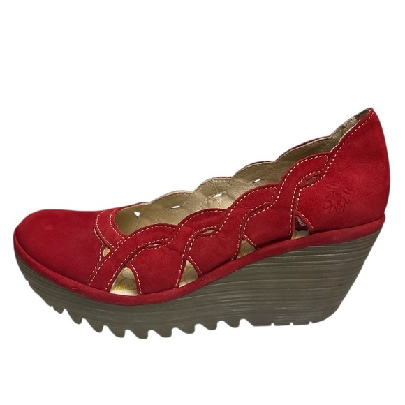 Fly London 6.5 Red Suede Mary Jane Comfort Tomato Girl Feminine Wedge Shoes - Picture 5 of 13